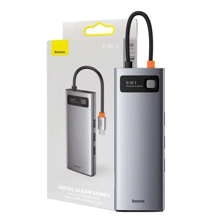 Hub 9w1 Baseus Metal Gleam Series USB-C do 3x USB 3.0 + HDMI + USB-C PD + Ethernet RJ45 + microSD/SD + VGA